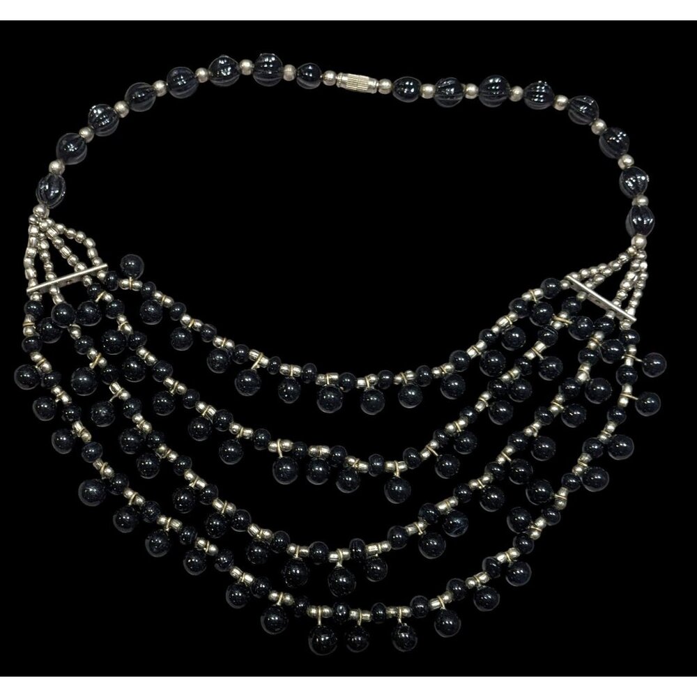 Vintage Gothic Black Glass And Silver Tone Beaded Layered Necklace